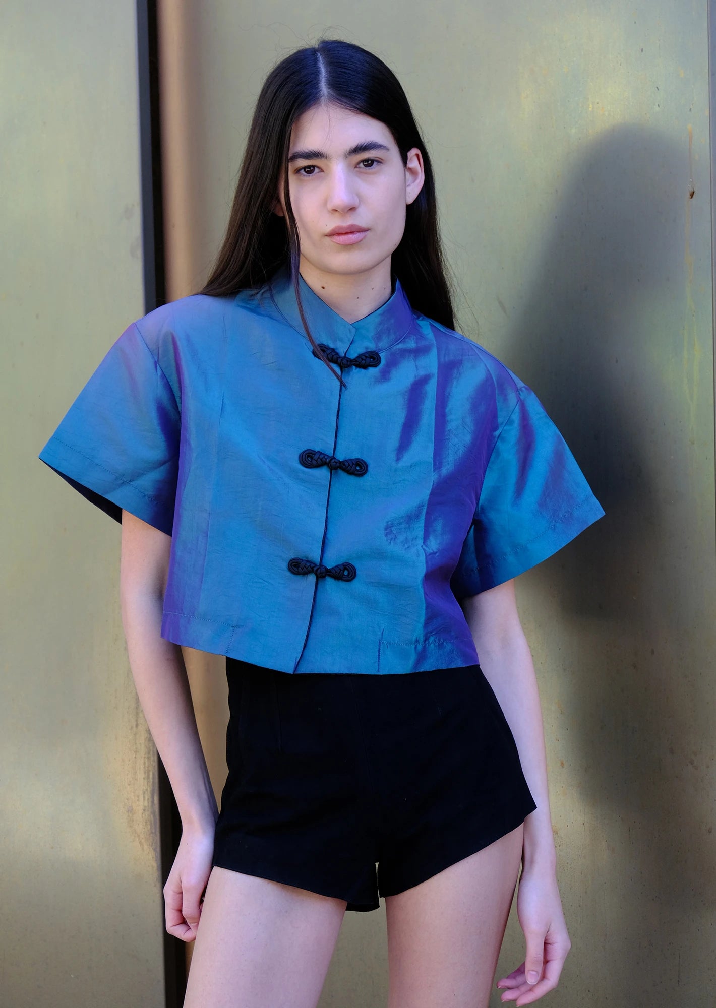 Blue Chinese embroidered shirt