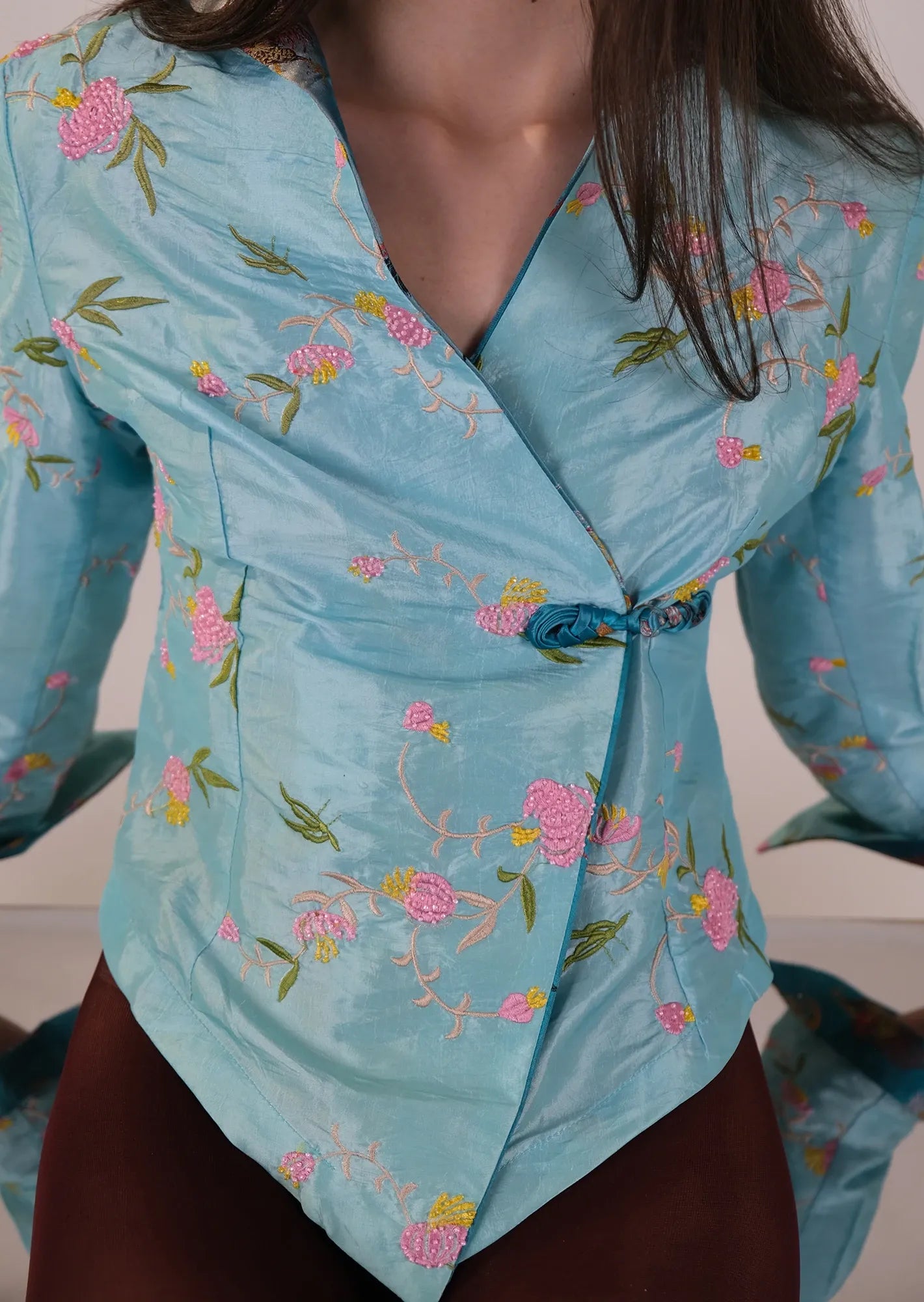 Baby blue Chinese embroidered shirt