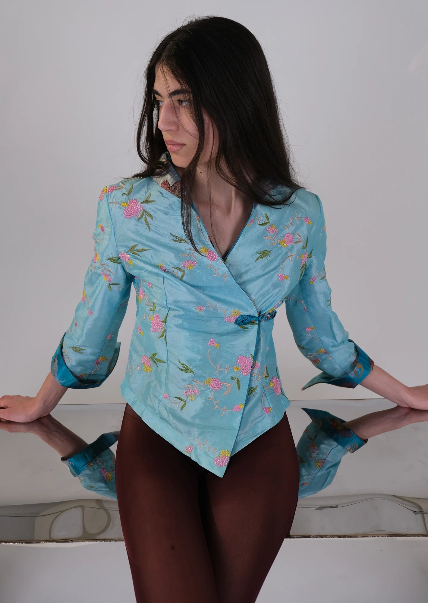 Baby blue Chinese embroidered shirt